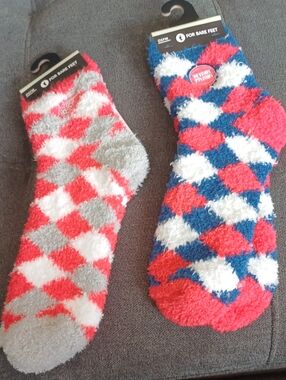 For Bare Feet Red White Gray & Red White Blue Fuzzy Argyle Socks - 2-Pack
